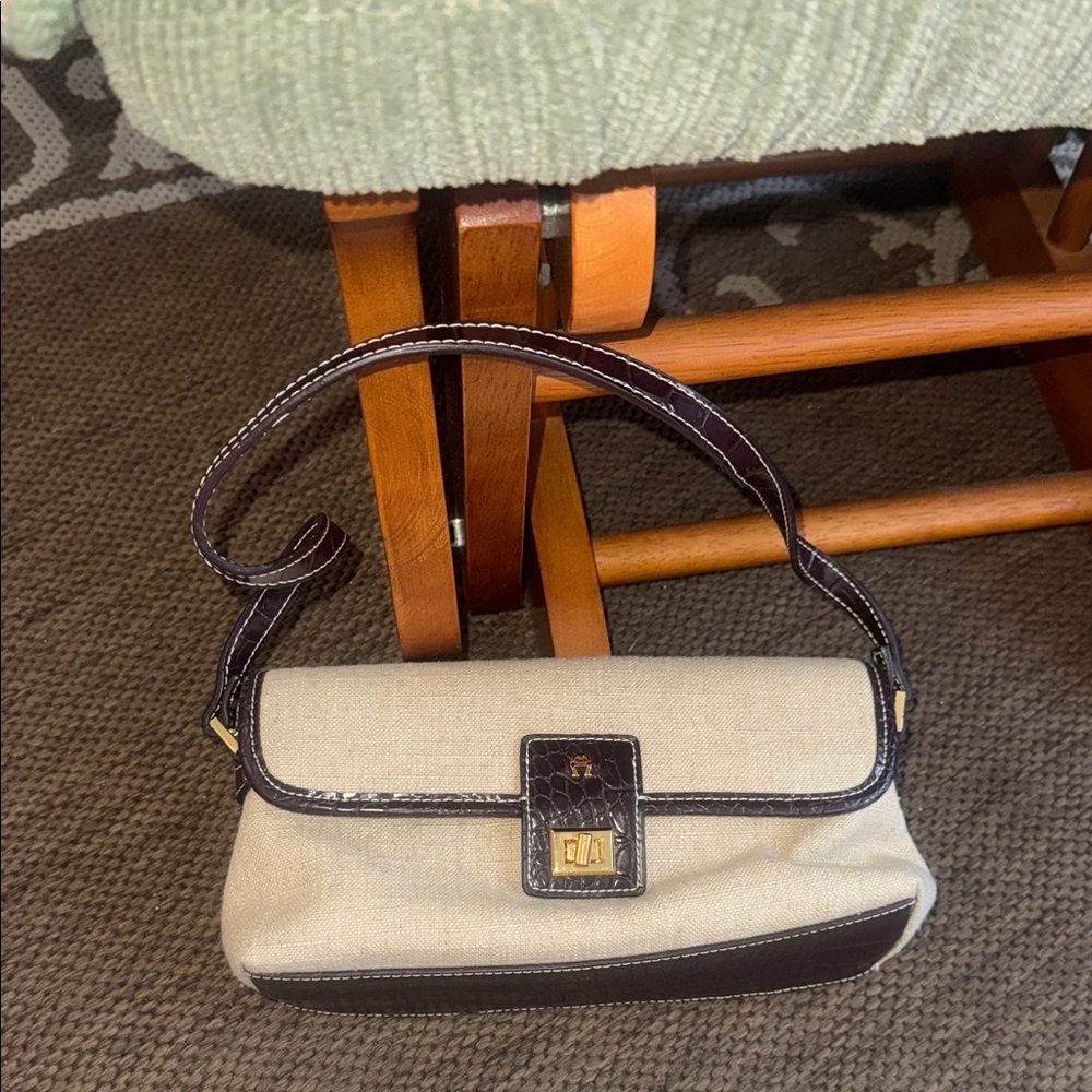 Etienne Aigner Beige Canvas Shoulder Bag with Dark Brown Trim